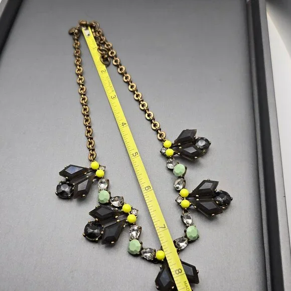 Y2K J Crew Gray Rhinestones & Yellow Accents Statement Necklace 15" Gold Tone - Picture 7 of 8